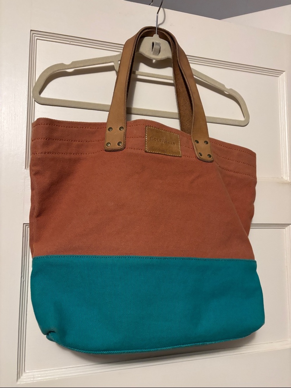 Cole Haan Two-Tone Canvas Tote in Orange & Green